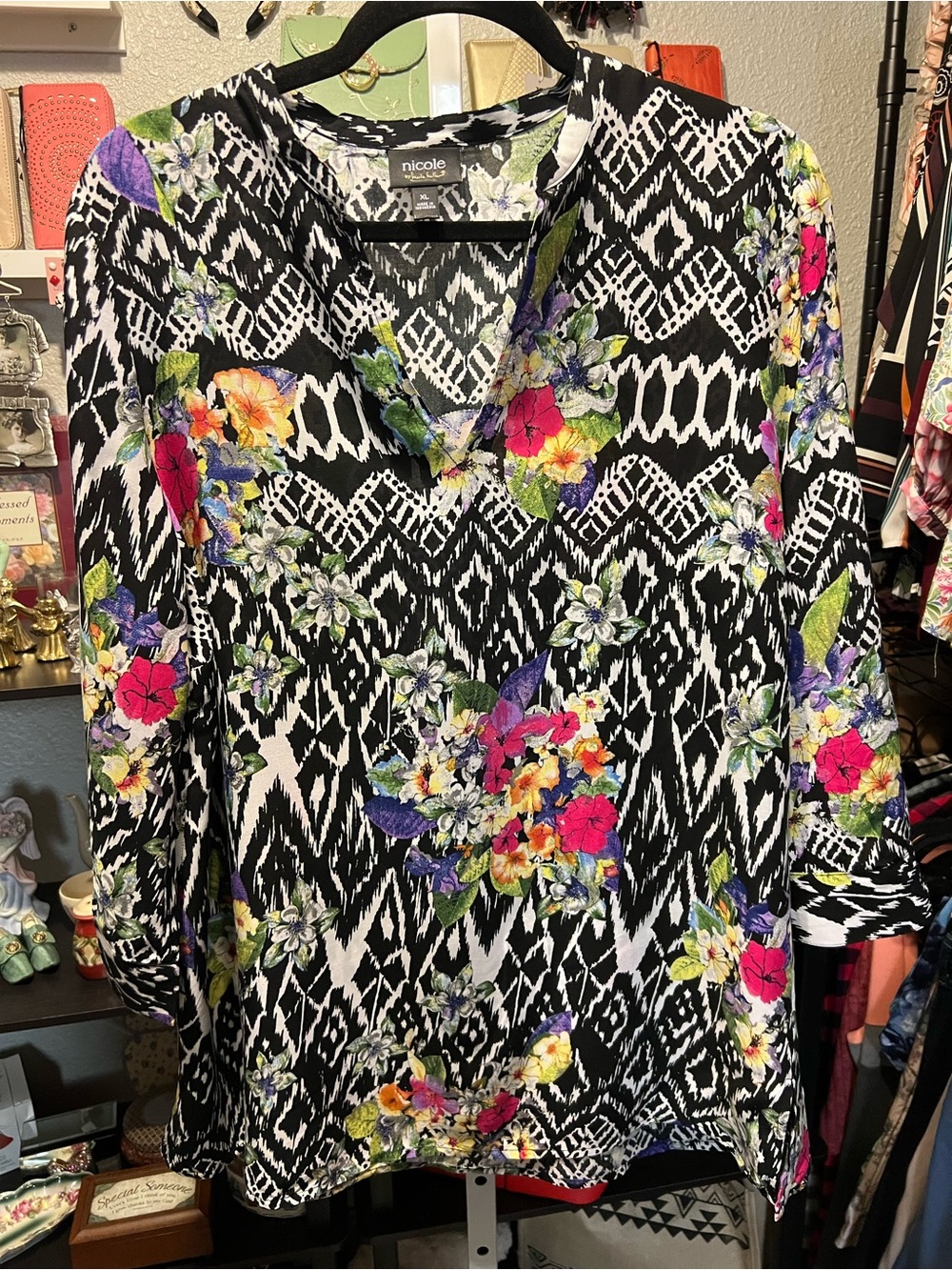 Nicole Black Geometric Floral V-Neck Tunic with Multicolor Blooms